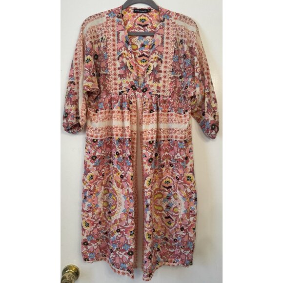Antik Batik Sz M Midi Dress Floral Smocked Viscose V Neck Multicolor Boho Kaftan - Picture 1 of 10